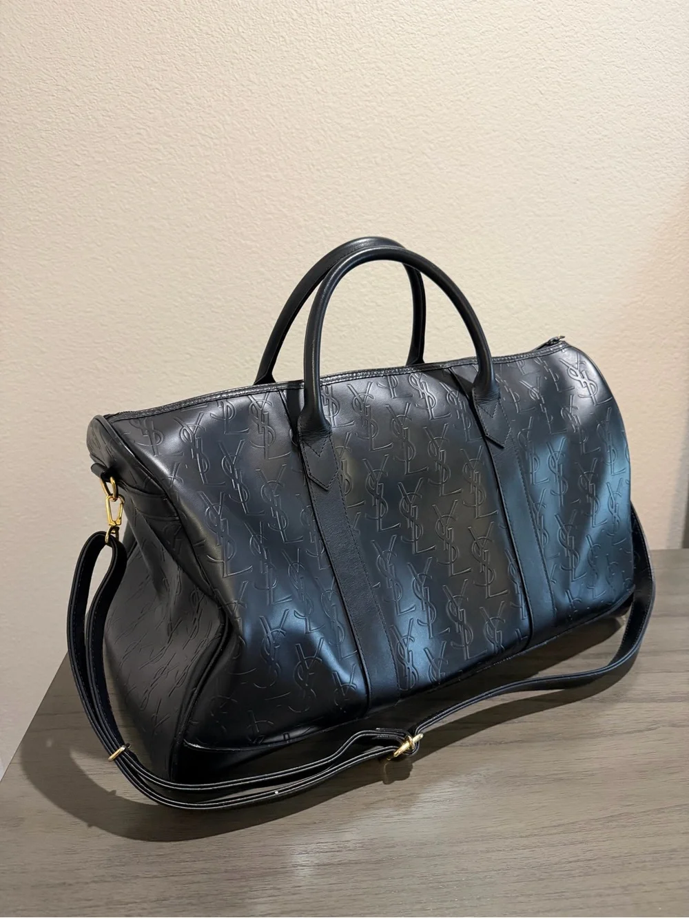 Saint Laurent YSL Black Embossed Leather Duffel Bag